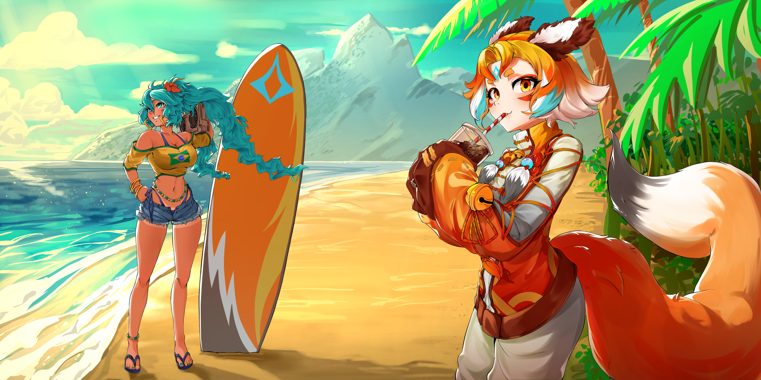 Komiko and friends at the beach — artwork by Aobari